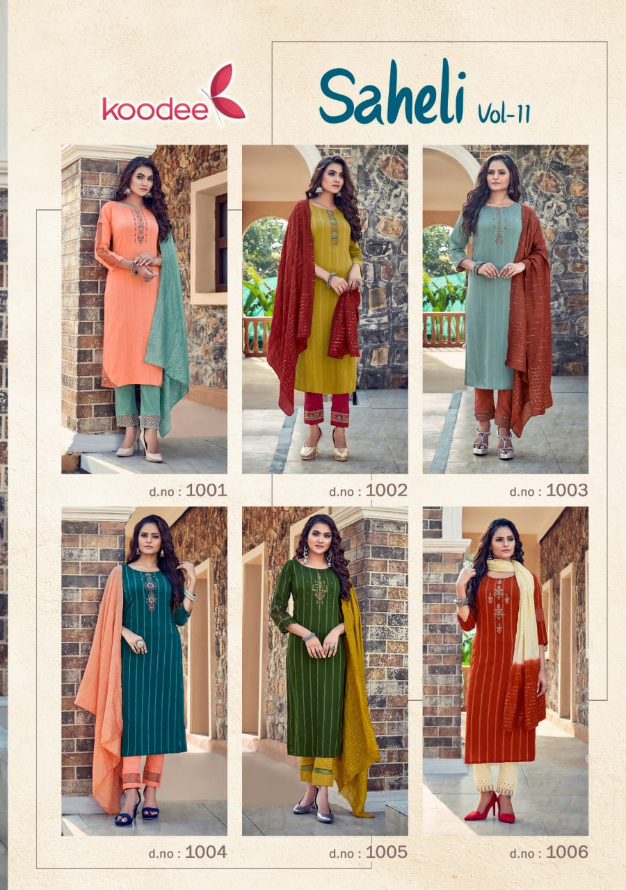 Koodee Saheli 11 Fancy Festive Wear Pure Nylon Viscose With Stripe Embroidered Ready Made Collection
